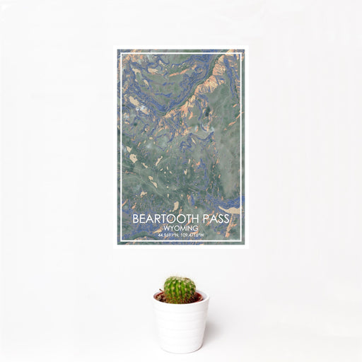 12x18 Beartooth Pass Wyoming Map Print Portrait Orientation in Afternoon Style With Small Cactus Plant in White Planter