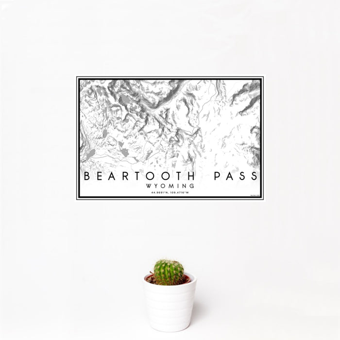 12x18 Beartooth Pass Wyoming Map Print Landscape Orientation in Classic Style With Small Cactus Plant in White Planter