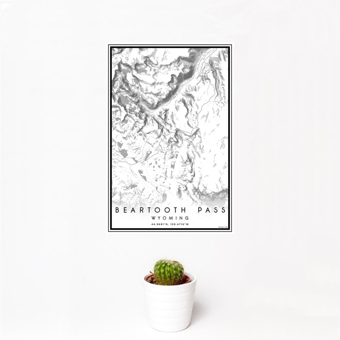 12x18 Beartooth Pass Wyoming Map Print Portrait Orientation in Classic Style With Small Cactus Plant in White Planter