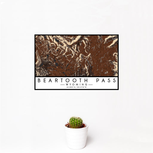 12x18 Beartooth Pass Wyoming Map Print Landscape Orientation in Ember Style With Small Cactus Plant in White Planter