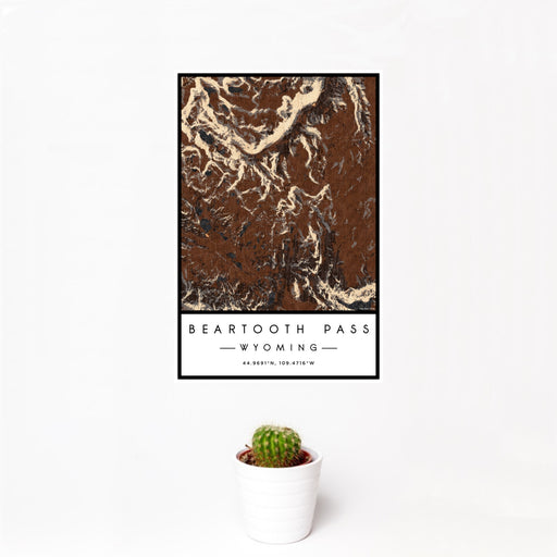 12x18 Beartooth Pass Wyoming Map Print Portrait Orientation in Ember Style With Small Cactus Plant in White Planter
