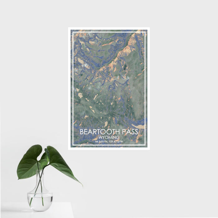 16x24 Beartooth Pass Wyoming Map Print Portrait Orientation in Afternoon Style With Tropical Plant Leaves in Water