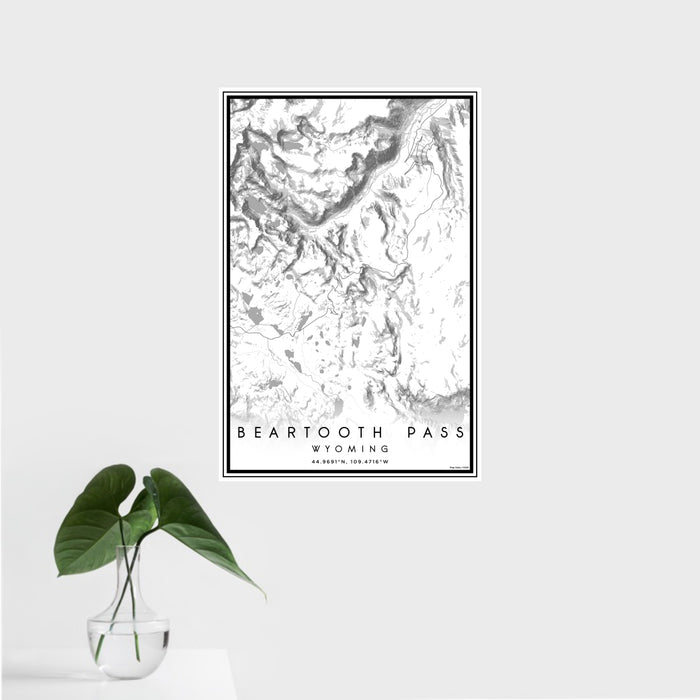 16x24 Beartooth Pass Wyoming Map Print Portrait Orientation in Classic Style With Tropical Plant Leaves in Water