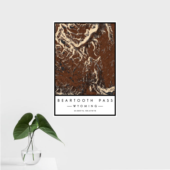 16x24 Beartooth Pass Wyoming Map Print Portrait Orientation in Ember Style With Tropical Plant Leaves in Water