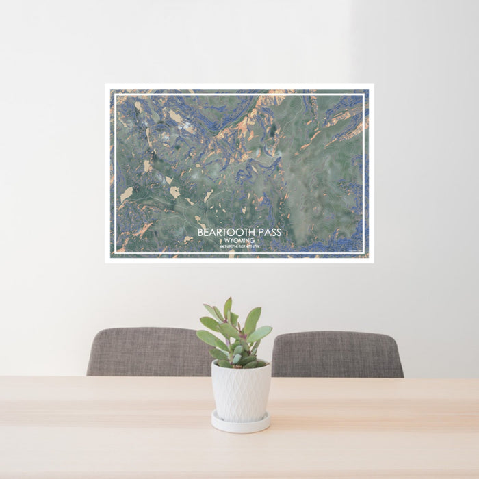 24x36 Beartooth Pass Wyoming Map Print Lanscape Orientation in Afternoon Style Behind 2 Chairs Table and Potted Plant