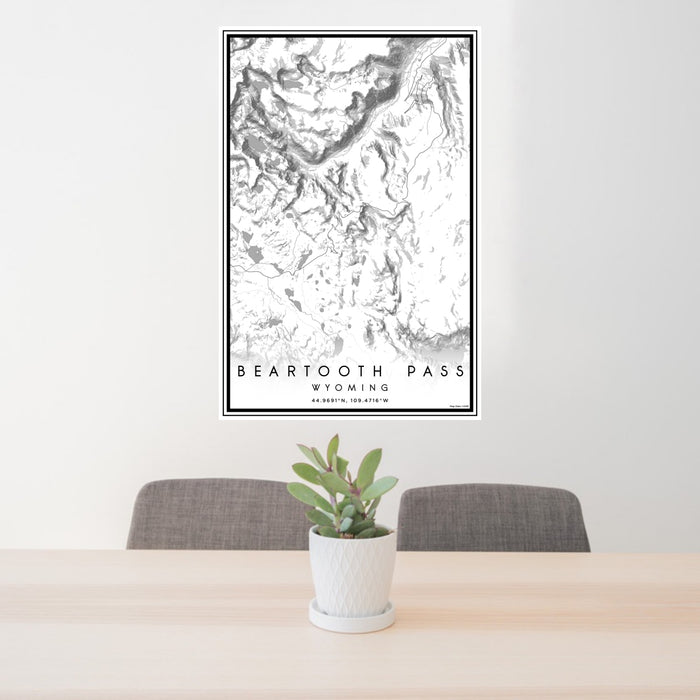 24x36 Beartooth Pass Wyoming Map Print Portrait Orientation in Classic Style Behind 2 Chairs Table and Potted Plant
