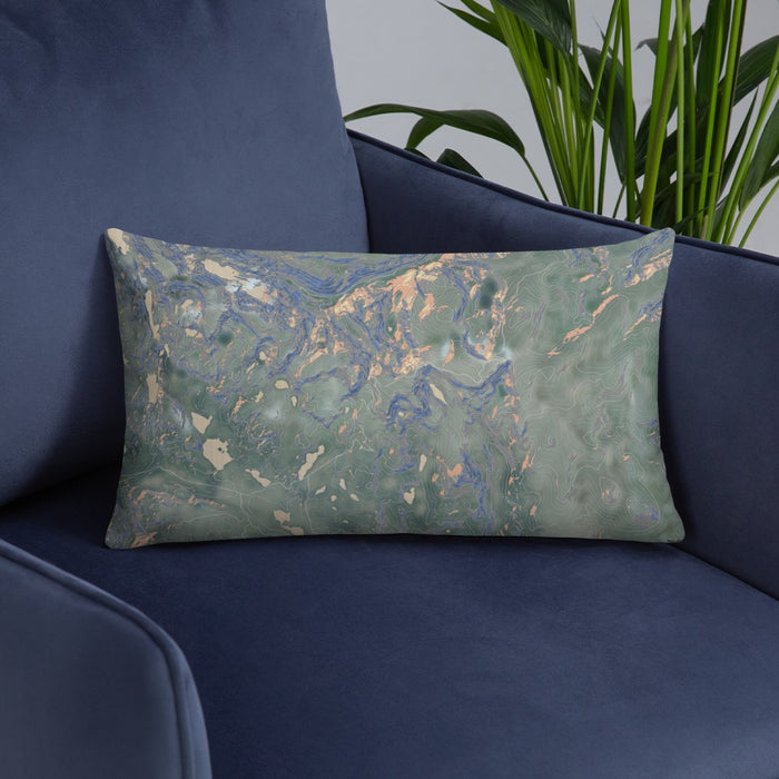 Custom Beartooth Pass Wyoming Map Throw Pillow in Afternoon on Blue Colored Chair