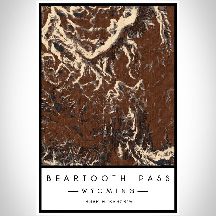 Beartooth Pass Wyoming Map Print Portrait Orientation in Ember Style With Shaded Background