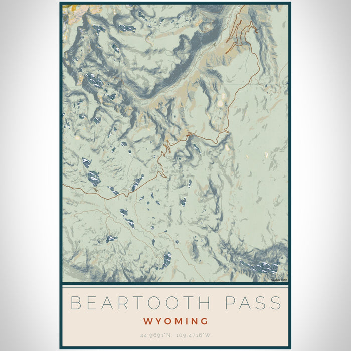 Beartooth Pass Wyoming Map Print Portrait Orientation in Woodblock Style With Shaded Background