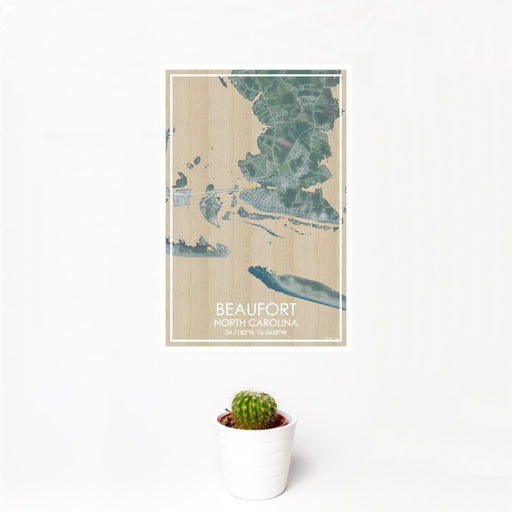 12x18 Beaufort North Carolina Map Print Portrait Orientation in Afternoon Style With Small Cactus Plant in White Planter