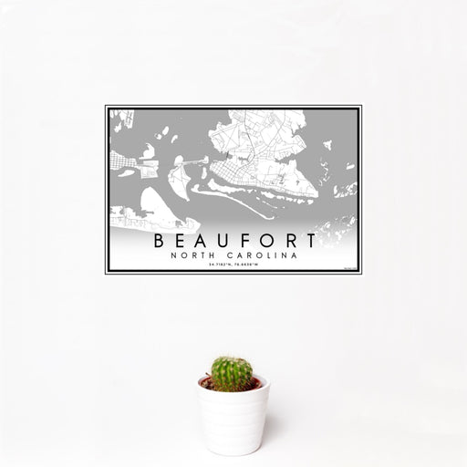 12x18 Beaufort North Carolina Map Print Landscape Orientation in Classic Style With Small Cactus Plant in White Planter