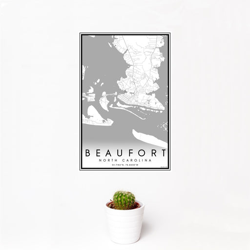 12x18 Beaufort North Carolina Map Print Portrait Orientation in Classic Style With Small Cactus Plant in White Planter