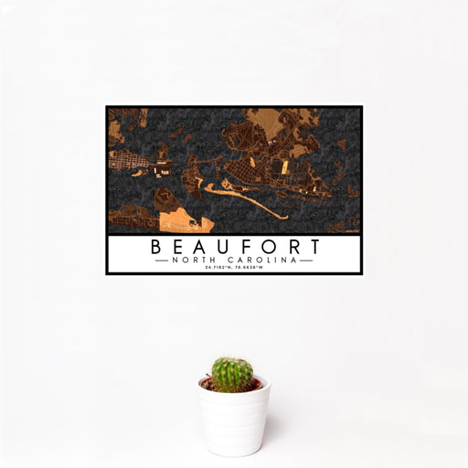 12x18 Beaufort North Carolina Map Print Landscape Orientation in Ember Style With Small Cactus Plant in White Planter