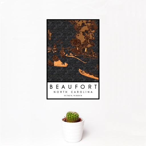 12x18 Beaufort North Carolina Map Print Portrait Orientation in Ember Style With Small Cactus Plant in White Planter