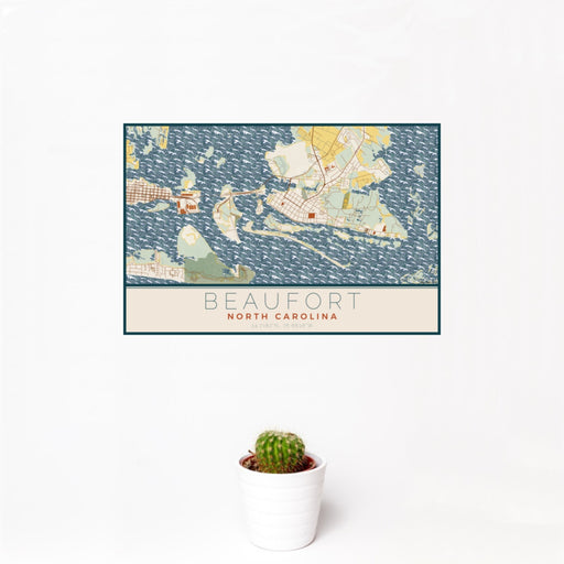 12x18 Beaufort North Carolina Map Print Landscape Orientation in Woodblock Style With Small Cactus Plant in White Planter