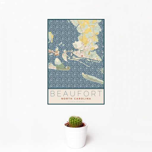 12x18 Beaufort North Carolina Map Print Portrait Orientation in Woodblock Style With Small Cactus Plant in White Planter