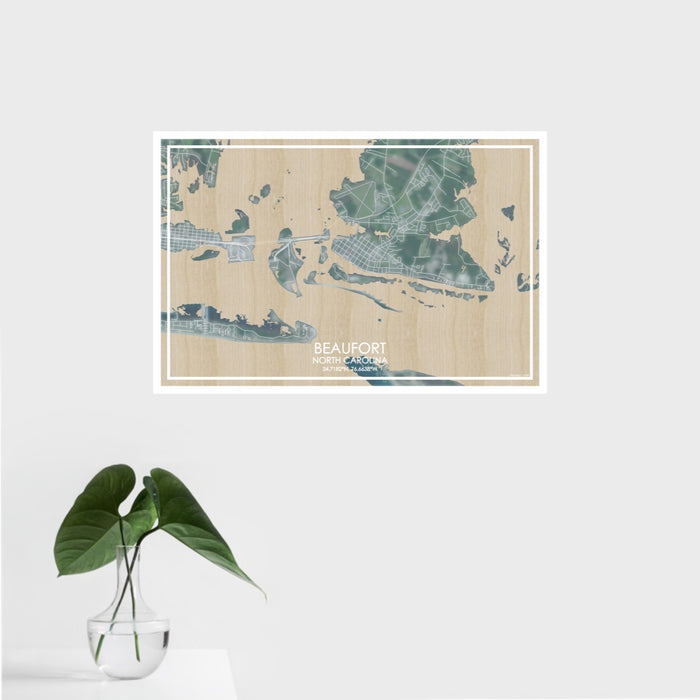 16x24 Beaufort North Carolina Map Print Landscape Orientation in Afternoon Style With Tropical Plant Leaves in Water