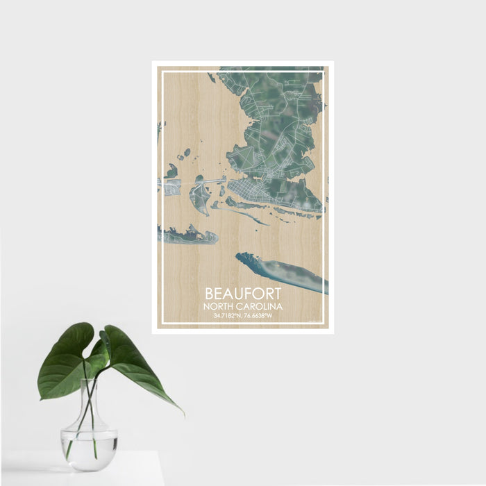 16x24 Beaufort North Carolina Map Print Portrait Orientation in Afternoon Style With Tropical Plant Leaves in Water