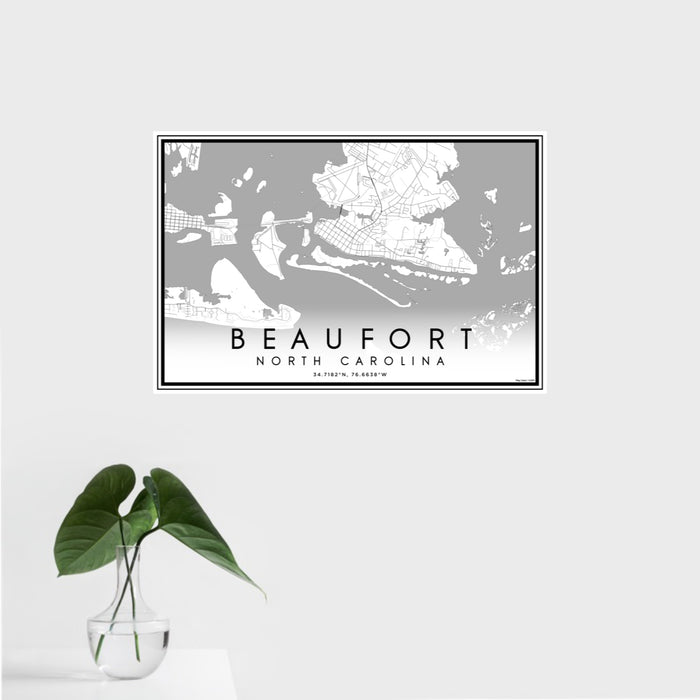 16x24 Beaufort North Carolina Map Print Landscape Orientation in Classic Style With Tropical Plant Leaves in Water