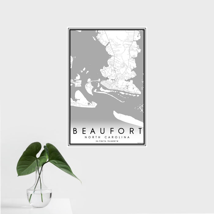 16x24 Beaufort North Carolina Map Print Portrait Orientation in Classic Style With Tropical Plant Leaves in Water
