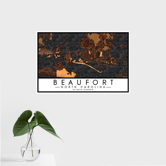 16x24 Beaufort North Carolina Map Print Landscape Orientation in Ember Style With Tropical Plant Leaves in Water