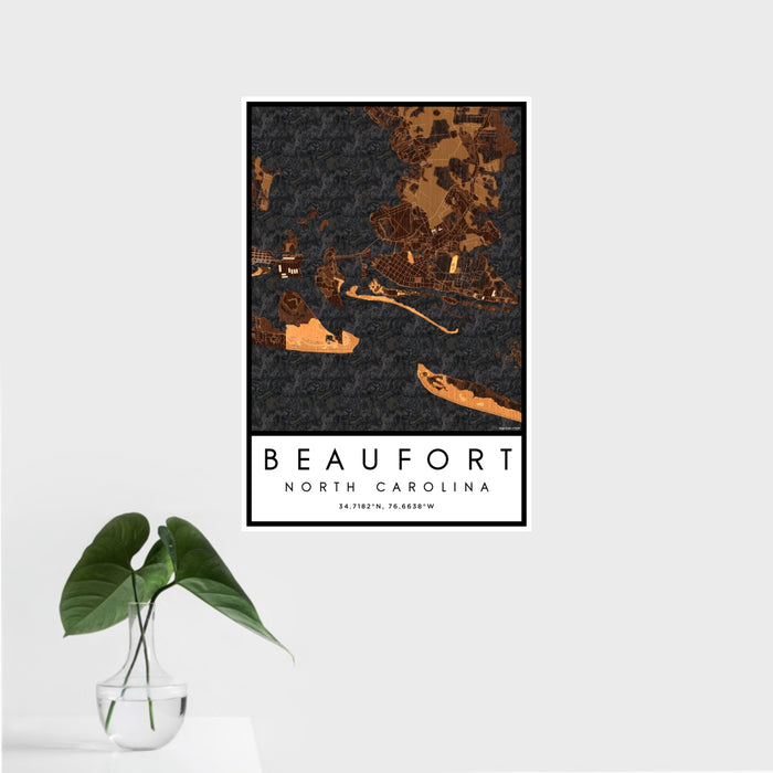 16x24 Beaufort North Carolina Map Print Portrait Orientation in Ember Style With Tropical Plant Leaves in Water