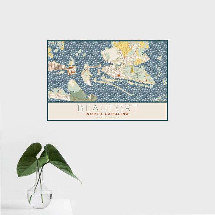 16x24 Beaufort North Carolina Map Print Landscape Orientation in Woodblock Style With Tropical Plant Leaves in Water