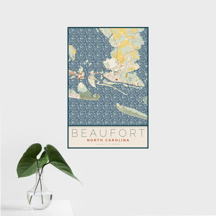 16x24 Beaufort North Carolina Map Print Portrait Orientation in Woodblock Style With Tropical Plant Leaves in Water