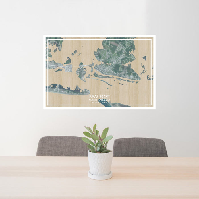24x36 Beaufort North Carolina Map Print Lanscape Orientation in Afternoon Style Behind 2 Chairs Table and Potted Plant