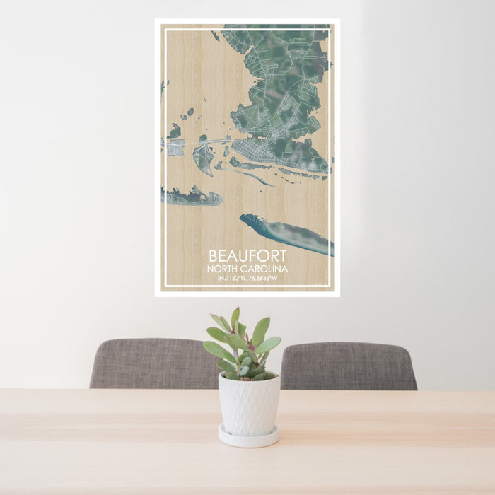 24x36 Beaufort North Carolina Map Print Portrait Orientation in Afternoon Style Behind 2 Chairs Table and Potted Plant