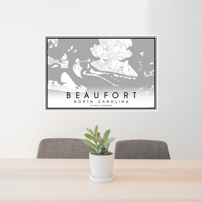 24x36 Beaufort North Carolina Map Print Lanscape Orientation in Classic Style Behind 2 Chairs Table and Potted Plant