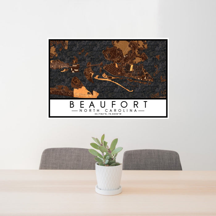 24x36 Beaufort North Carolina Map Print Lanscape Orientation in Ember Style Behind 2 Chairs Table and Potted Plant