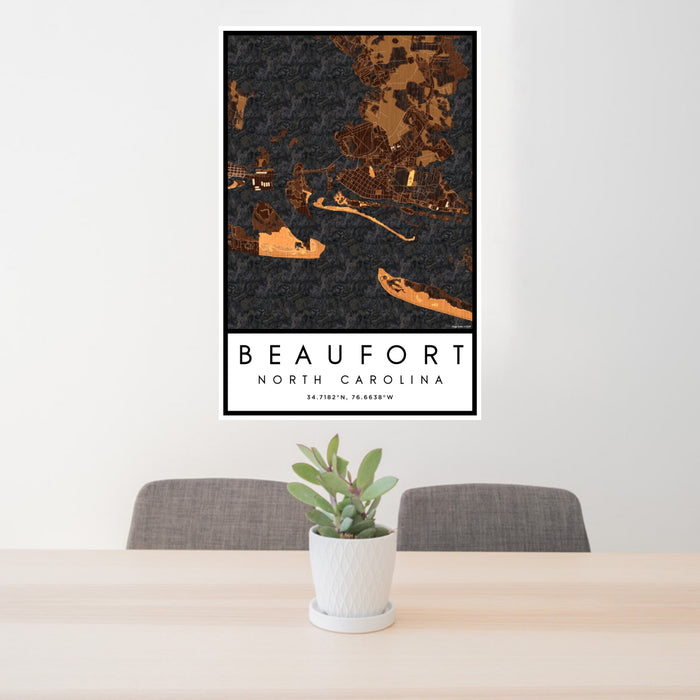 24x36 Beaufort North Carolina Map Print Portrait Orientation in Ember Style Behind 2 Chairs Table and Potted Plant