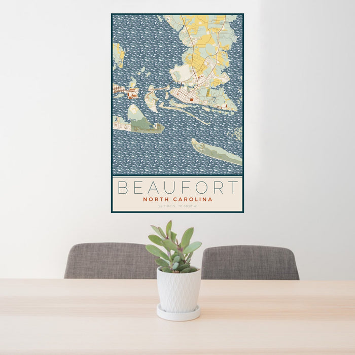 24x36 Beaufort North Carolina Map Print Portrait Orientation in Woodblock Style Behind 2 Chairs Table and Potted Plant