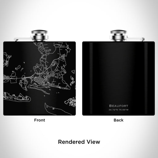 Rendered View of Beaufort North Carolina Map Engraving on 6oz Stainless Steel Flask in Black
