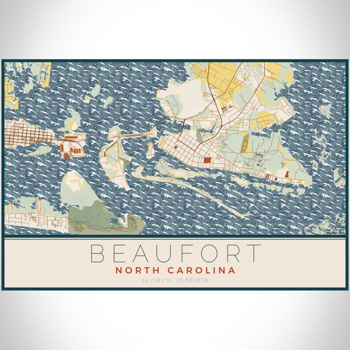 Beaufort North Carolina Map Print Landscape Orientation in Woodblock Style With Shaded Background
