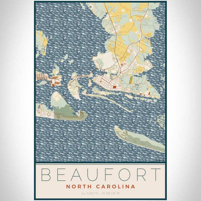 Beaufort North Carolina Map Print Portrait Orientation in Woodblock Style With Shaded Background