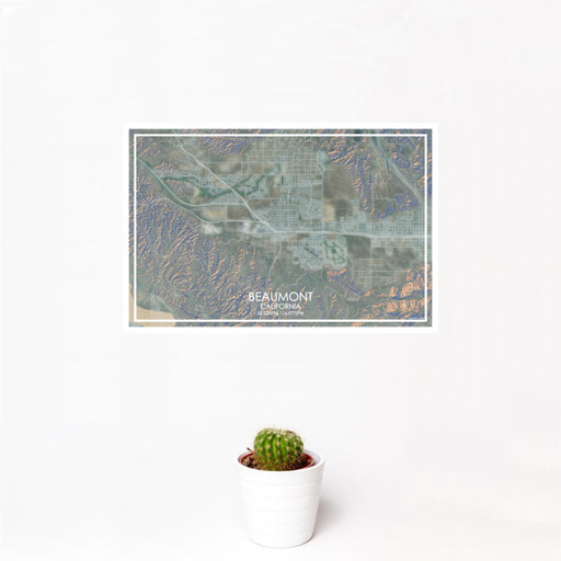 12x18 Beaumont California Map Print Landscape Orientation in Afternoon Style With Small Cactus Plant in White Planter