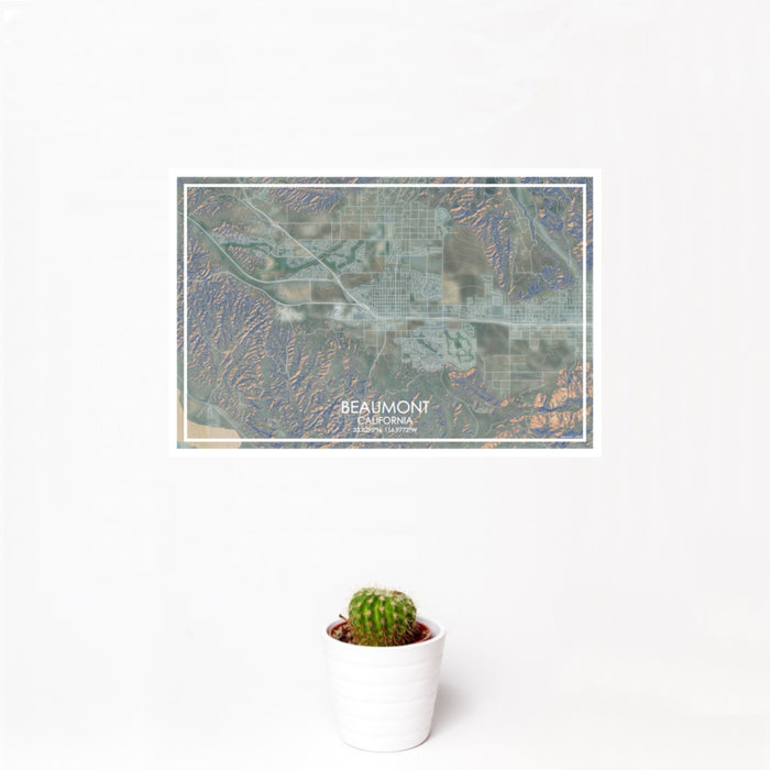 12x18 Beaumont California Map Print Landscape Orientation in Afternoon Style With Small Cactus Plant in White Planter