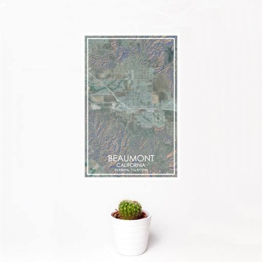 12x18 Beaumont California Map Print Portrait Orientation in Afternoon Style With Small Cactus Plant in White Planter