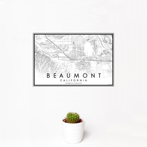 12x18 Beaumont California Map Print Landscape Orientation in Classic Style With Small Cactus Plant in White Planter
