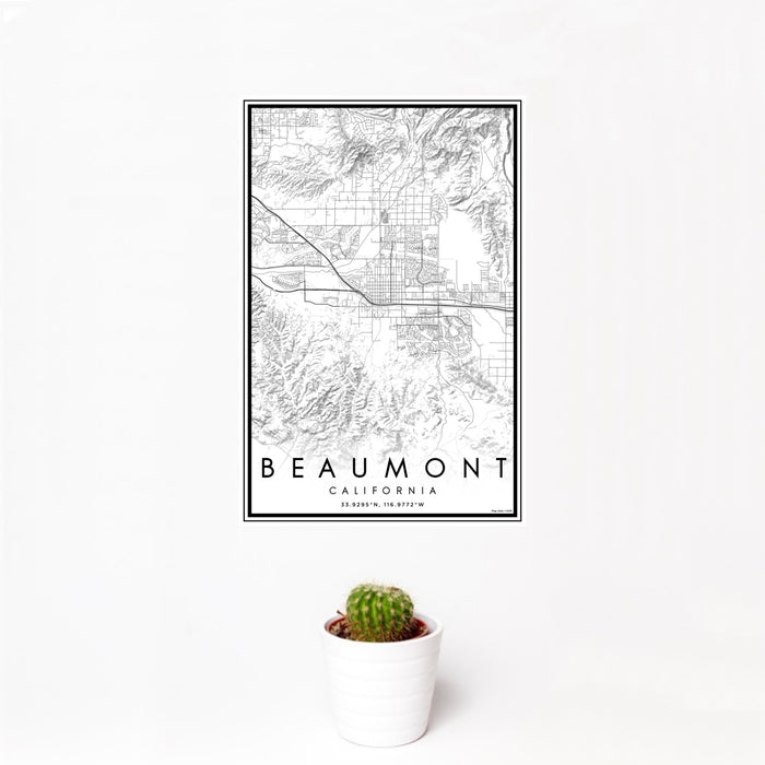12x18 Beaumont California Map Print Portrait Orientation in Classic Style With Small Cactus Plant in White Planter