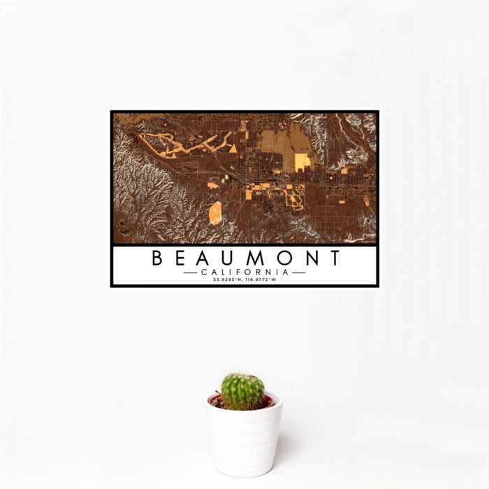 12x18 Beaumont California Map Print Landscape Orientation in Ember Style With Small Cactus Plant in White Planter