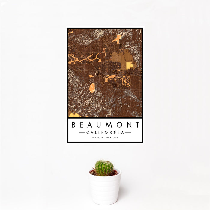12x18 Beaumont California Map Print Portrait Orientation in Ember Style With Small Cactus Plant in White Planter