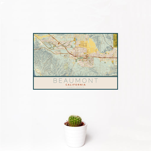 12x18 Beaumont California Map Print Landscape Orientation in Woodblock Style With Small Cactus Plant in White Planter
