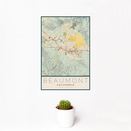 12x18 Beaumont California Map Print Portrait Orientation in Woodblock Style With Small Cactus Plant in White Planter