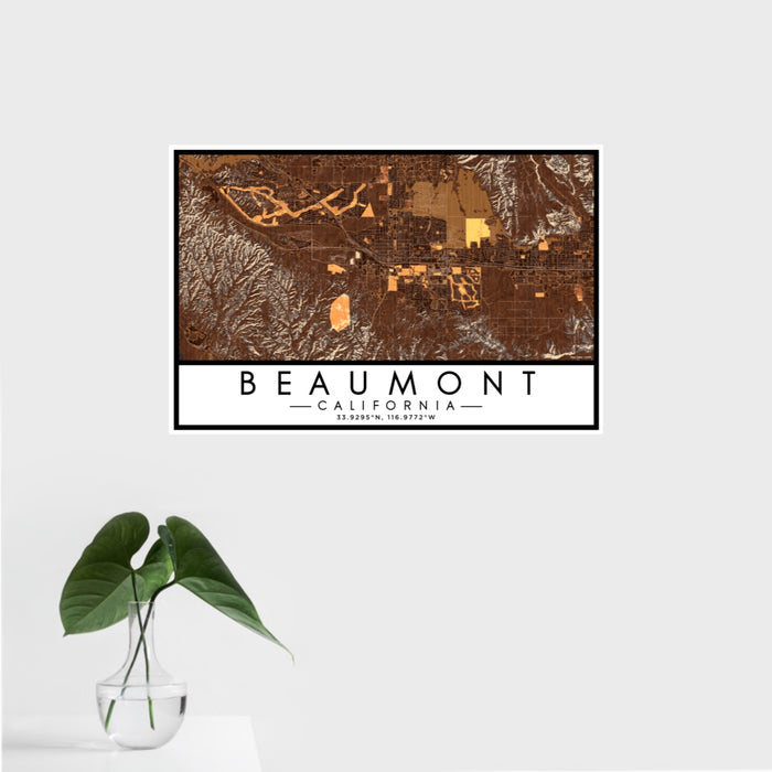16x24 Beaumont California Map Print Landscape Orientation in Ember Style With Tropical Plant Leaves in Water