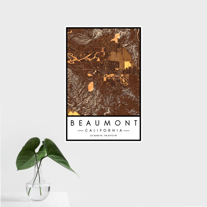 16x24 Beaumont California Map Print Portrait Orientation in Ember Style With Tropical Plant Leaves in Water