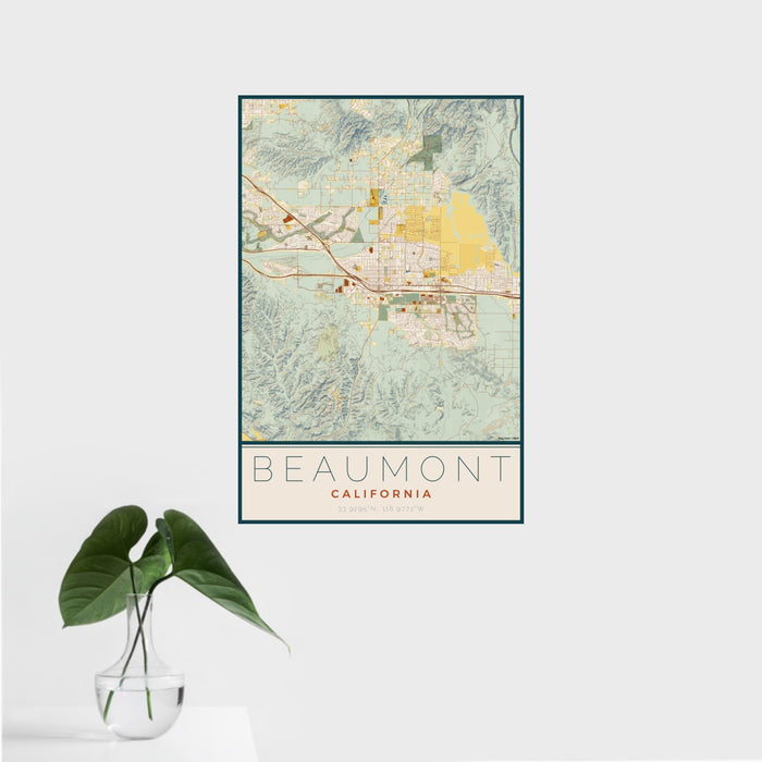 16x24 Beaumont California Map Print Portrait Orientation in Woodblock Style With Tropical Plant Leaves in Water