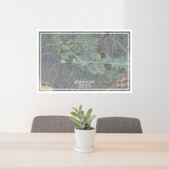 24x36 Beaumont California Map Print Lanscape Orientation in Afternoon Style Behind 2 Chairs Table and Potted Plant